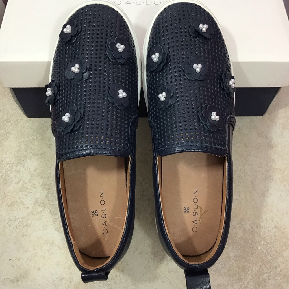 Caslon navy leather loafers with flower petals and pearls. From Nordstrom .